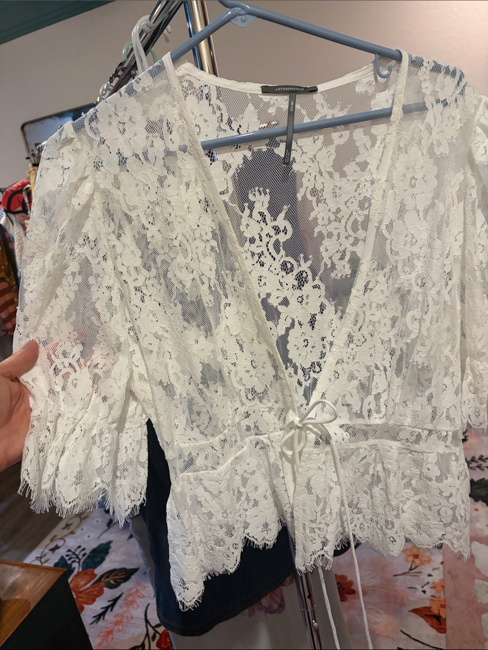 Anthropologie White Floral Lace Tie-Front Sheer Wrap